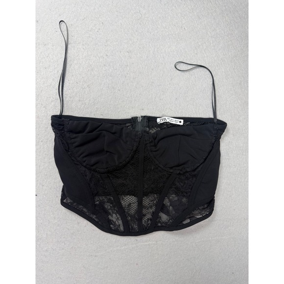 Zara Tops - ZARA Black Lace Corset Crop Top Bustier Zipper Straps Size S